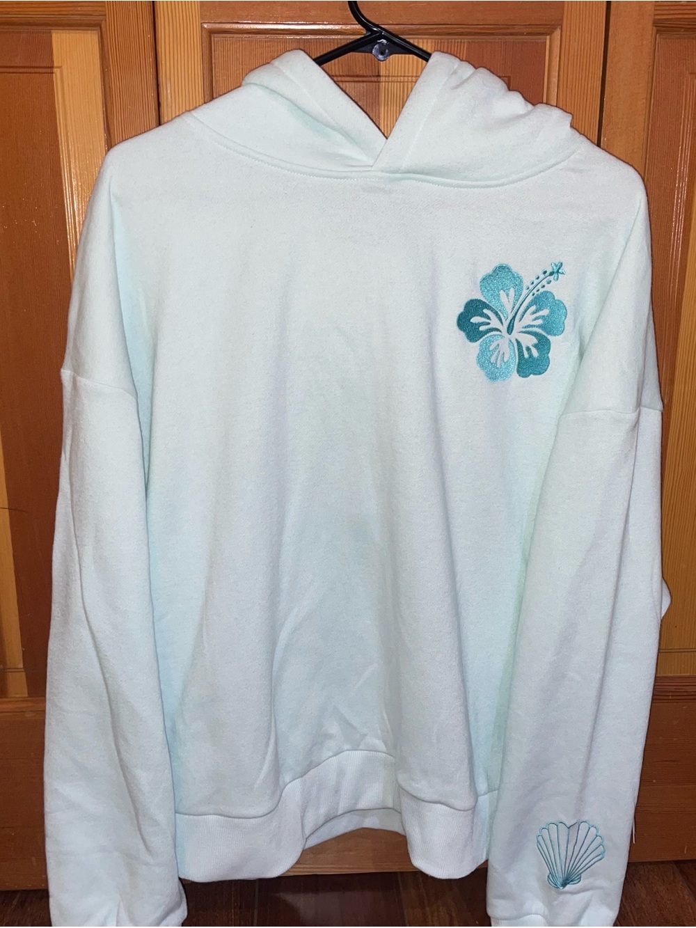 Light Aqua Hoodie with Hibiscus & Shell Embroidery